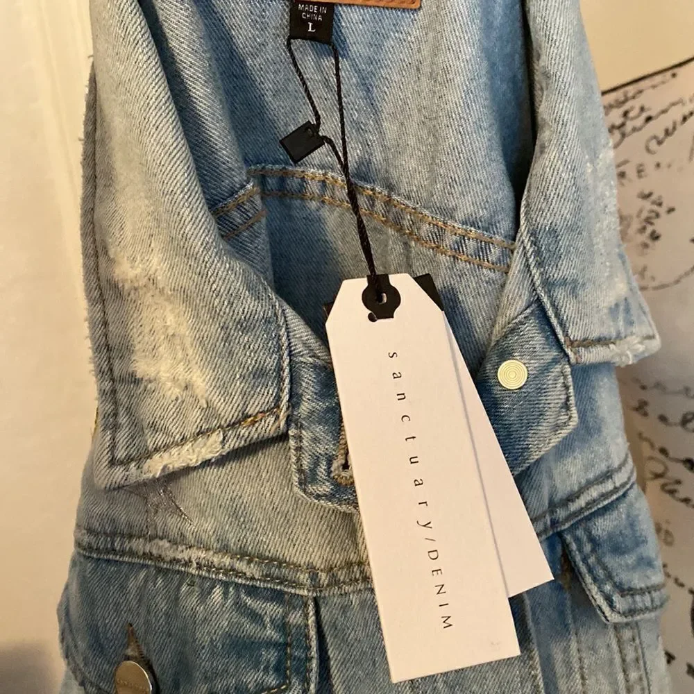 Sanctuary Milkyway Walker Intentional Factory Blue Distressed Denim Boho Jacket